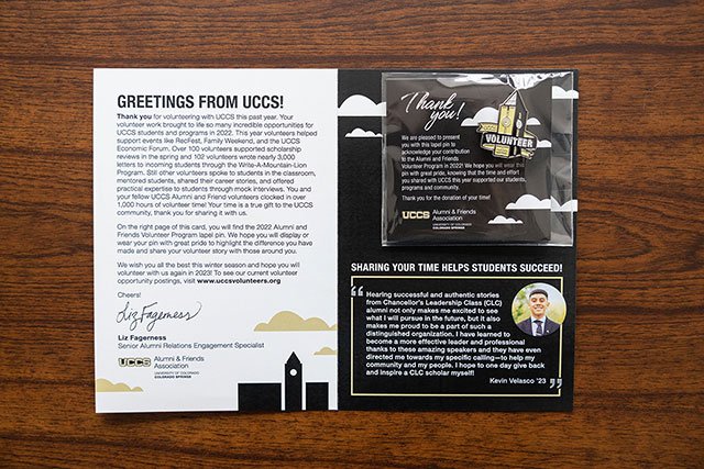UCCS Alumni Volunteer 2022 Card Inside and Pin