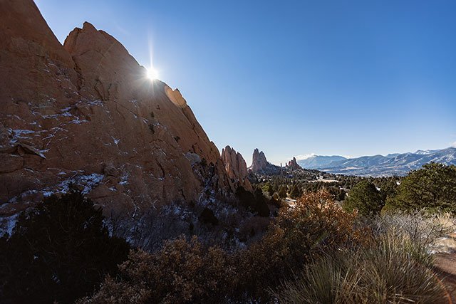 UCCS sun peeking through Garden of the Gods