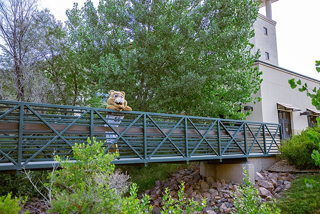 UCCS mascot Clyde on bridge