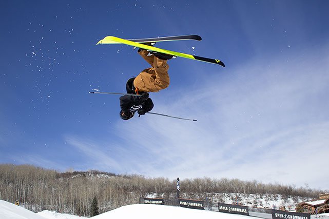 Perky Jerky sponsored skiier upside down