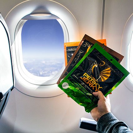 Perky Jerky next to airplane window
